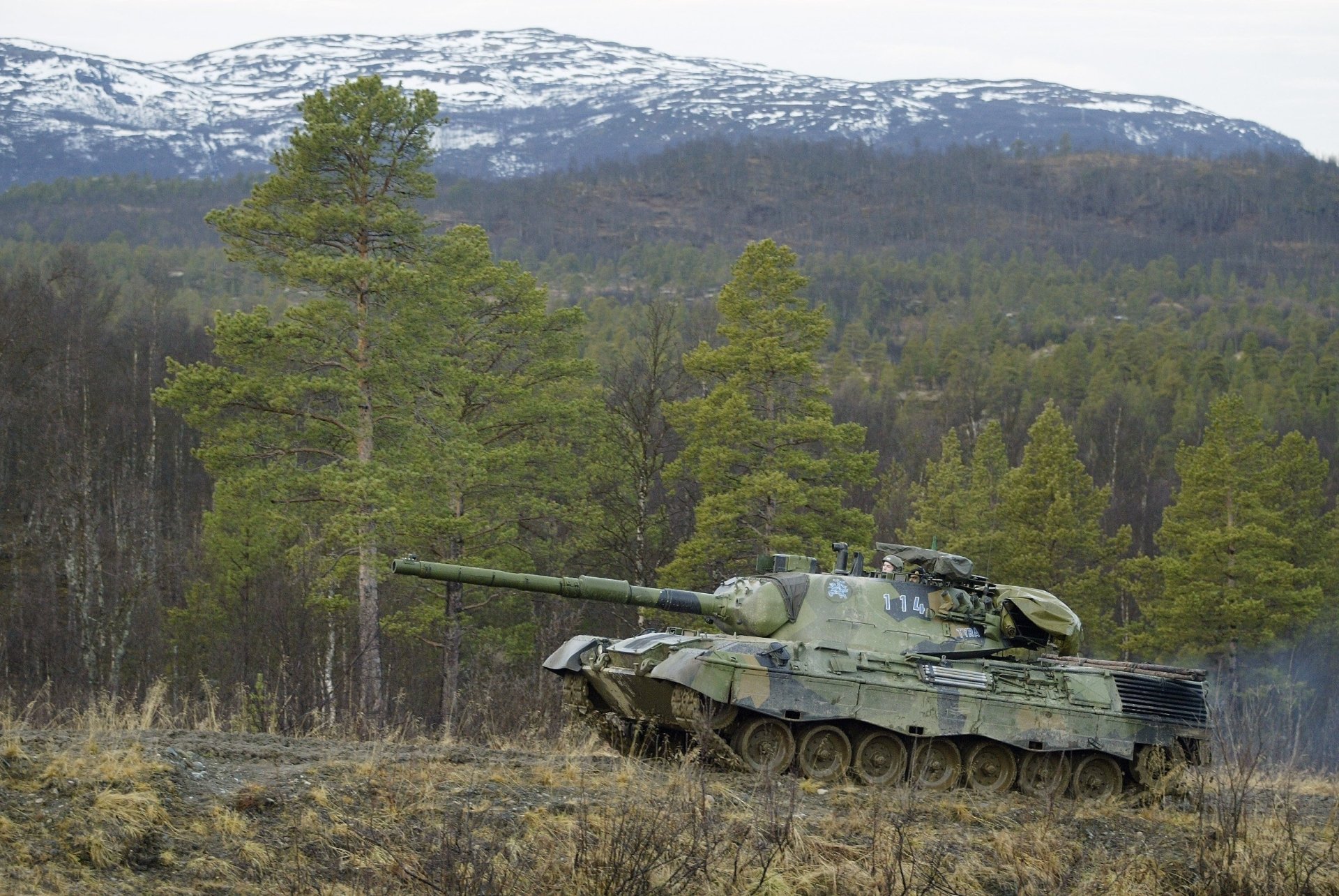 HD desktop wallpaper featuring a military tank camouflaged in a forested landscape with snow-capped mountains in the background, blending the themes of military and leopard.
