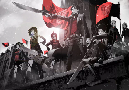 HD desktop wallpaper featuring characters from Attack on Titan, including Hange Zoë, Sasha Blouse, Petra Ral, Jean Kirstein, Bertholdt Hoover, Armin Arlert, Levi Ackerman, Eren Yeager, and Mikasa Ackerman.