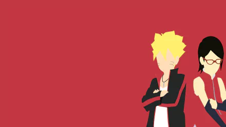 HD desktop wallpaper of Boruto Uzumaki and Sarada Uchiha from Boruto: Naruto the Movie, set against a solid red background with minimalist, stylized character depictions.