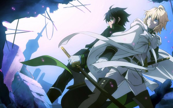 Anime Seraph of the End Yūichirō Hyakuya Mikaela Hyakuya Blue Eyes Green Eyes Black Hair Sword Uniform Cape HD Wallpaper | Background Image