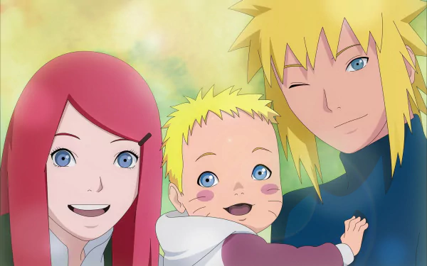 Anime HD wallpaper featuring Kushina Uzumaki, Minato Namikaze, and baby Naruto Uzumaki from the series Naruto.