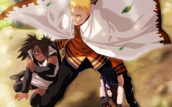 A dynamic HD wallpaper featuring Chouchou Akimichi, Sarada Uchiha, and Naruto Uzumaki from Boruto: Naruto the Movie, showcasing their powerful bond in a vibrant anime style.