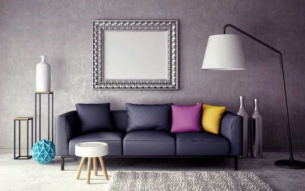 Modern man-made interior room featuring a dark sofa with colorful pillows, minimalist decor, and a large floor lamp. 4K Ultra HD PC desktop wallpaper and background.