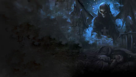 A haunting HD wallpaper featuring a grim reaper, set against a dark, atmospheric backdrop. This artwork captures the essence of the music by Avenged Sevenfold.