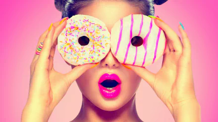 Vibrant 4K Ultra HD wallpaper of a woman with bright lipstick holding colorful sprinkled and striped doughnuts over her eyes against a pink background.