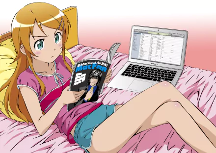 Kirino Kousaka from Ore no Imōto ga Konna ni Kawaii Wake ga Nai relaxes on her bed, reading a magazine while her laptop sits beside her, capturing a quintessential anime moment.