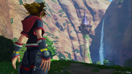 HD PC desktop wallpaper: Sora (Kingdom Hearts III) stands on a cliff gazing at Rapunzel’s Tangled tower, surrounded by a lush valley and waterfall — video game background.