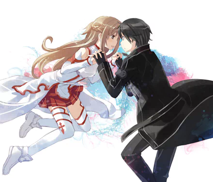 Asuna Yuuki and Kirito from Sword Art Online face each other in this stunning HD anime wallpaper, capturing the essence of their bond in a vibrant, dynamic setting.