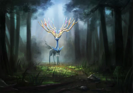 HD wallpaper featuring Xerneas, a legendary Pokémon, standing majestically in a mystical forest, illuminated by beams of light. The image showcases stunning anime-style artwork.