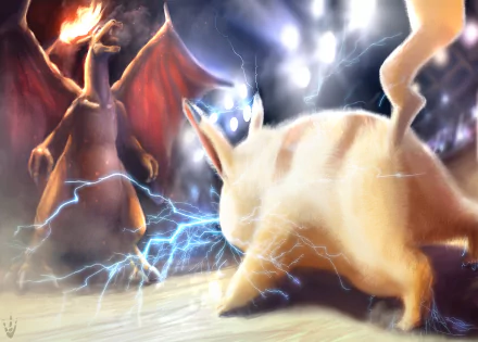 HD desktop wallpaper featuring an epic battle between Charizard and Pikachu, with intense lightning and dynamic anime art from the Pokémon series.