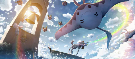 HD anime-style Pokémon wallpaper featuring Smeargle, Hoppip, Mantyke, Wingull, and Mantine flying joyfully against a bright, sunny sky with clouds and a bell tower.