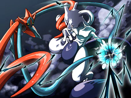 HD desktop wallpaper featuring an intense battle between Mewtwo and Deoxys from the Pokémon anime, showcasing vivid colors and dynamic action.