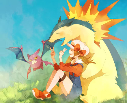 A vibrant HD wallpaper featuring Crobat and Typhlosion from Pokémon: HeartGold and SoulSilver, showcasing a playful scene with a trainer in a cheerful outdoor setting.