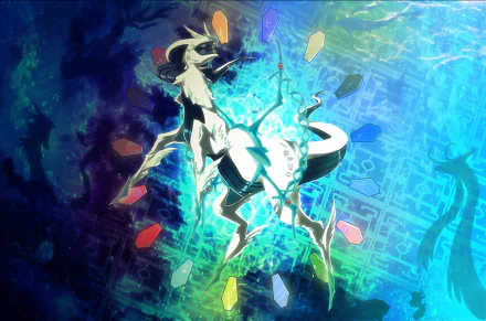 A vibrant HD desktop wallpaper featuring Arceus from Pokémon, surrounded by colorful symbols against a mystical blue background, capturing the essence of anime flair.