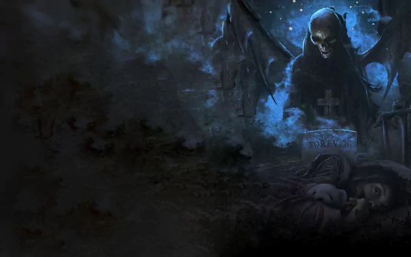 A haunting HD wallpaper featuring a grim reaper, set against a dark, atmospheric backdrop. This artwork captures the essence of the music by Avenged Sevenfold.