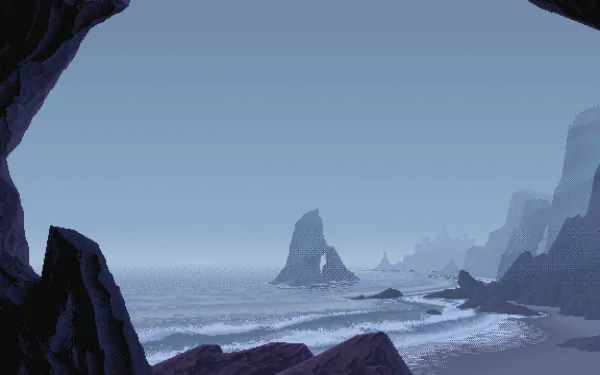 A serene pixel art landscape featuring a rocky shoreline and distant cliffs, capturing a tranquil seaside scene. This artistic image serves as an HD desktop wallpaper and background.