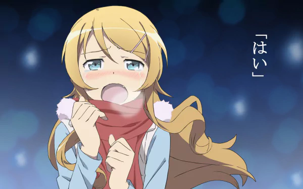 HD anime desktop wallpaper featuring Kirino Kousaka from Oreimo, wearing a scarf and coat against a blurred night sky background.