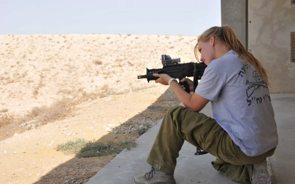 A woman aiming a rifle while seated outdoors, captured in a 4K Ultra HD Girls & Guns PC desktop wallpaper and background.