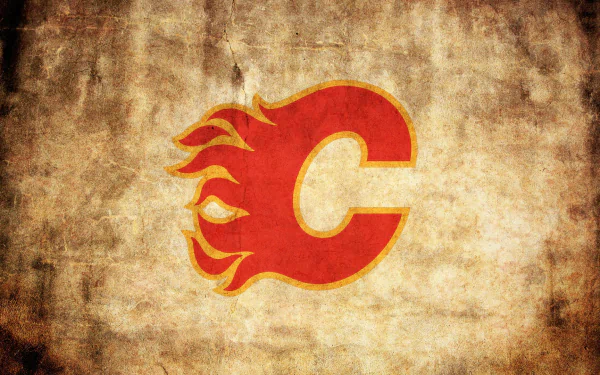 Calgary Flames logo with a fiery C on a textured vintage background, designed as an HD sports-themed PC desktop wallpaper.