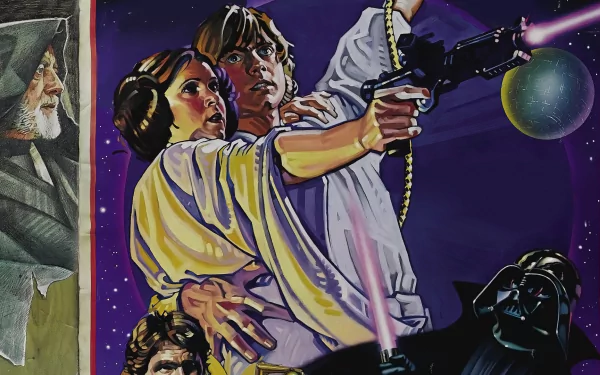 A vibrant HD desktop wallpaper featuring Princess Leia Organa and Luke Skywalker from Star Wars, capturing a dramatic moment in the iconic film series.