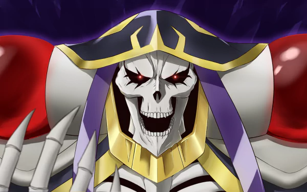 HD PC desktop wallpaper featuring Ainz Ooal Gown from the anime Overlord with a dark, intense backdrop emphasizing his skeletal appearance.