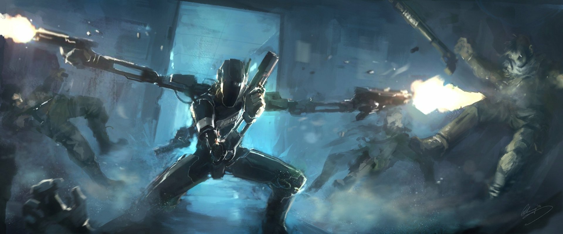 Sci-fi warrior in sleek powered armor fires twin heavy weapons through a neon-lit battlefield — HD PC desktop wallpaper and background.