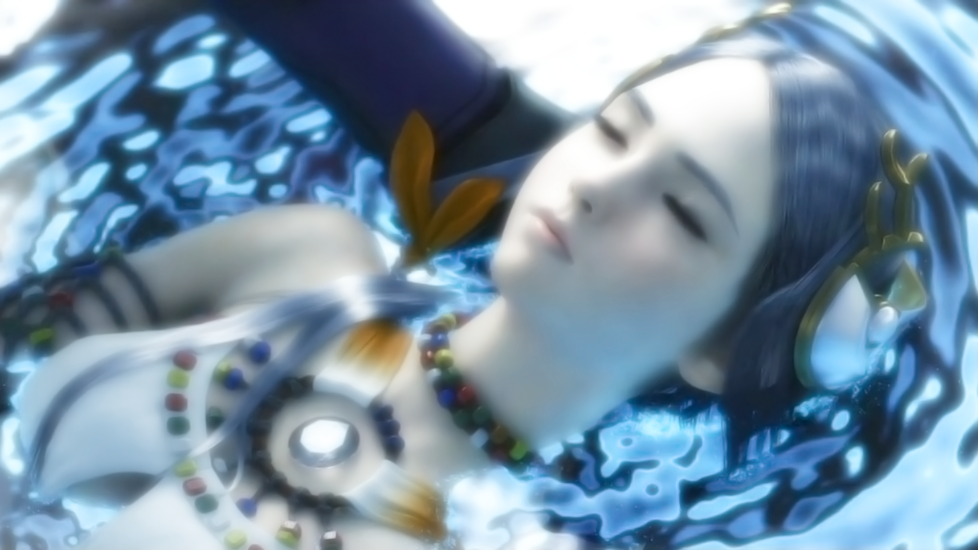 Paddra Nsu-Yeul (Final Fantasy XIII-2) dreamy close-up submerged in shimmering blue water, wearing ornate beads and a headpiece — HD PC desktop wallpaper/background.