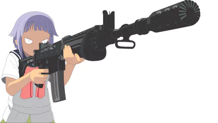 Upotte!! anime HD PC desktop wallpaper: purple‑haired schoolgirl in uniform aiming a large rifle with suppressor on a white background.