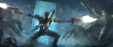 Sci-fi warrior in sleek powered armor fires twin heavy weapons through a neon-lit battlefield — HD PC desktop wallpaper and background.