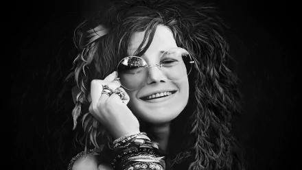 Black-and-white HD PC desktop wallpaper of a smiling female rock singer in round sunglasses, tousled hair and stacked bracelets; image tagged music.