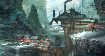 HD PC desktop wallpaper depicting a steampunk cityscape with intricate mechanical structures and airships set against a rugged sci-fi mountainous backdrop.