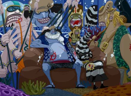 HD PC desktop wallpaper featuring One Piece characters Dosun, Zeo, Daruma, Ikaros Much, and Hody Jones in a vibrant anime style.