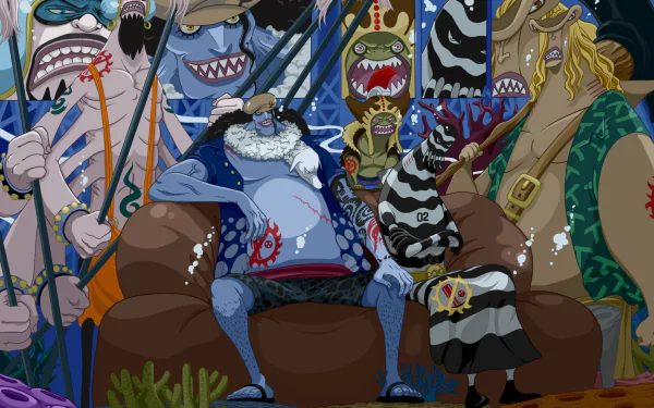 HD PC desktop wallpaper featuring One Piece characters Dosun, Zeo, Daruma, Ikaros Much, and Hody Jones in a vibrant anime style.