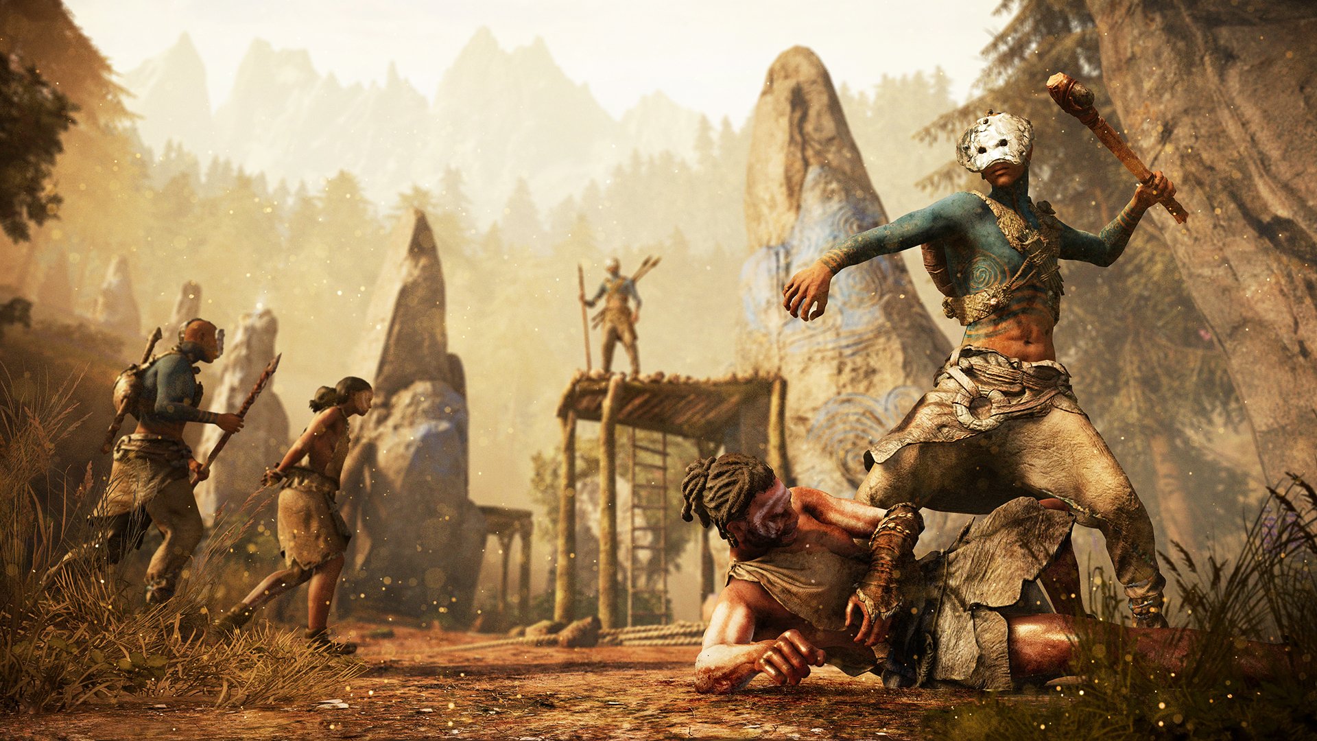 Action-packed scene from Far Cry Primal, featuring intense combat among characters in a prehistoric setting, set against a stunning natural backdrop. HD PC desktop wallpaper.