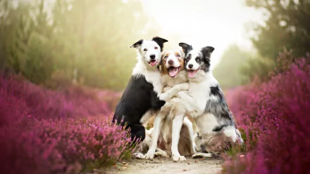 Three adorable dogs, an Australian Shepherd and two Border Collies, are hugging and smiling amidst beautiful pink flowers, creating a cute and loving HD desktop wallpaper and background.