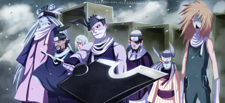 A vibrant HD wallpaper featuring characters from Naruto, including Ameyuri Ringo, Jinpachi Munashi, and Zabuza Momochi, standing dramatically against a moody background.