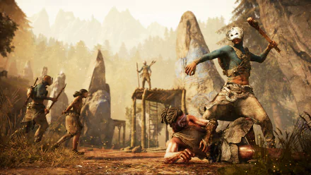 Action-packed scene from Far Cry Primal, featuring intense combat among characters in a prehistoric setting, set against a stunning natural backdrop. HD PC desktop wallpaper.