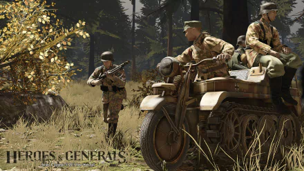 HD PC desktop wallpaper featuring soldiers and a motorcycle in a forest setting from the military video game Heroes & Generals.