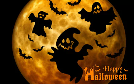 A vibrant Halloween-themed HD wallpaper featuring playful ghosts and bats against a glowing moon, with the text Happy Halloween adding festive charm.