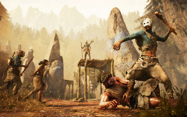 Action-packed scene from Far Cry Primal, featuring intense combat among characters in a prehistoric setting, set against a stunning natural backdrop. HD PC desktop wallpaper.