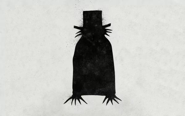 Minimalist black silhouette of the Babadook character from the movie, set against a textured light background, designed as an HD PC desktop wallpaper.