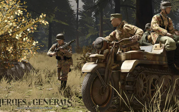 HD PC desktop wallpaper featuring soldiers and a motorcycle in a forest setting from the military video game Heroes & Generals.