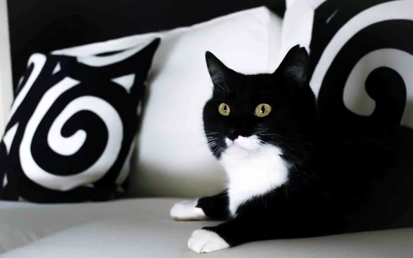 4K Ultra HD PC desktop wallpaper of a black and white cat with bright yellow eyes resting on a white couch with black and white spiral-patterned pillows.