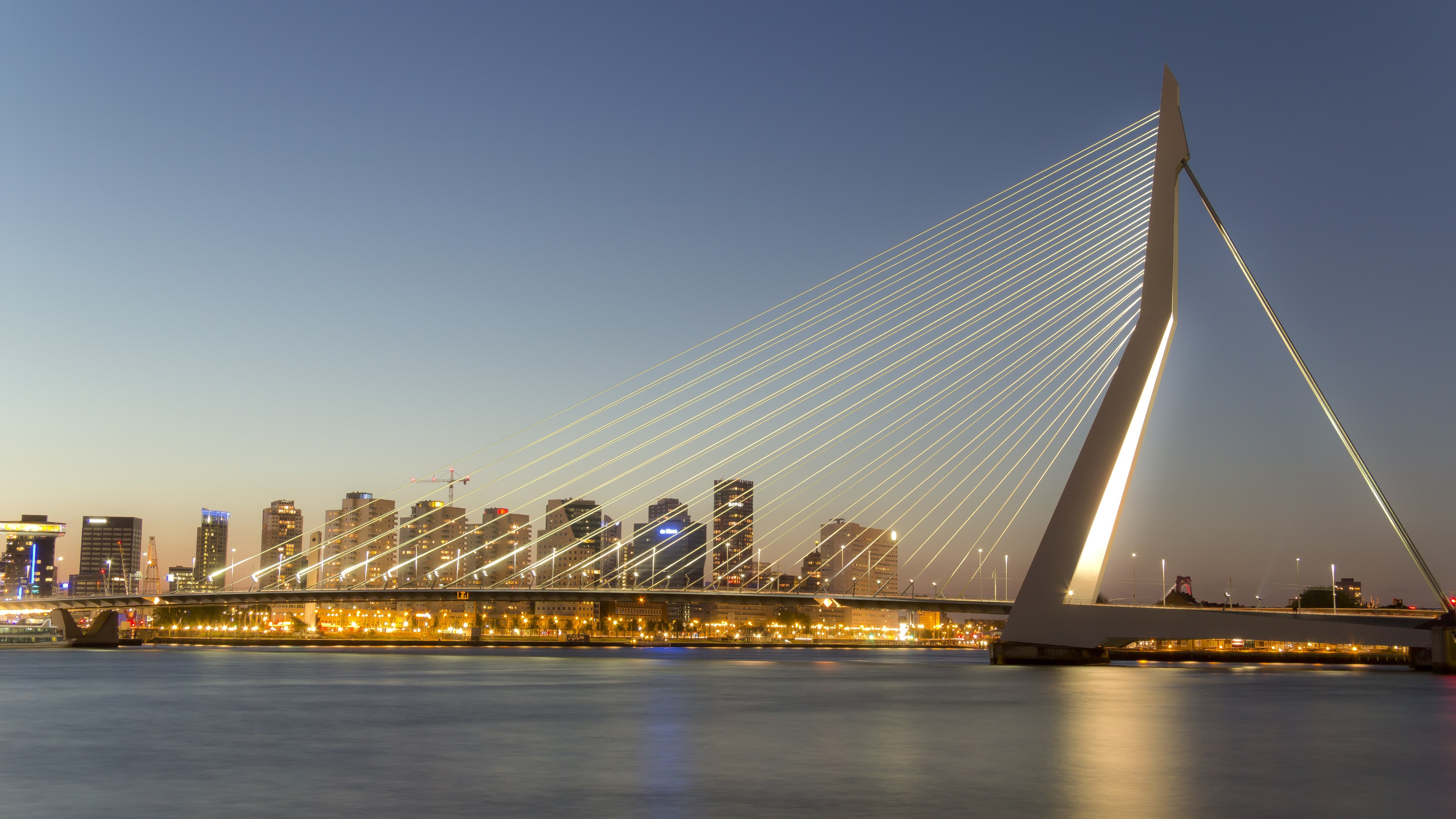 The Erasmus Bridge In Rotterdam, Netherlands with the City Lights in the Background by Luke Price