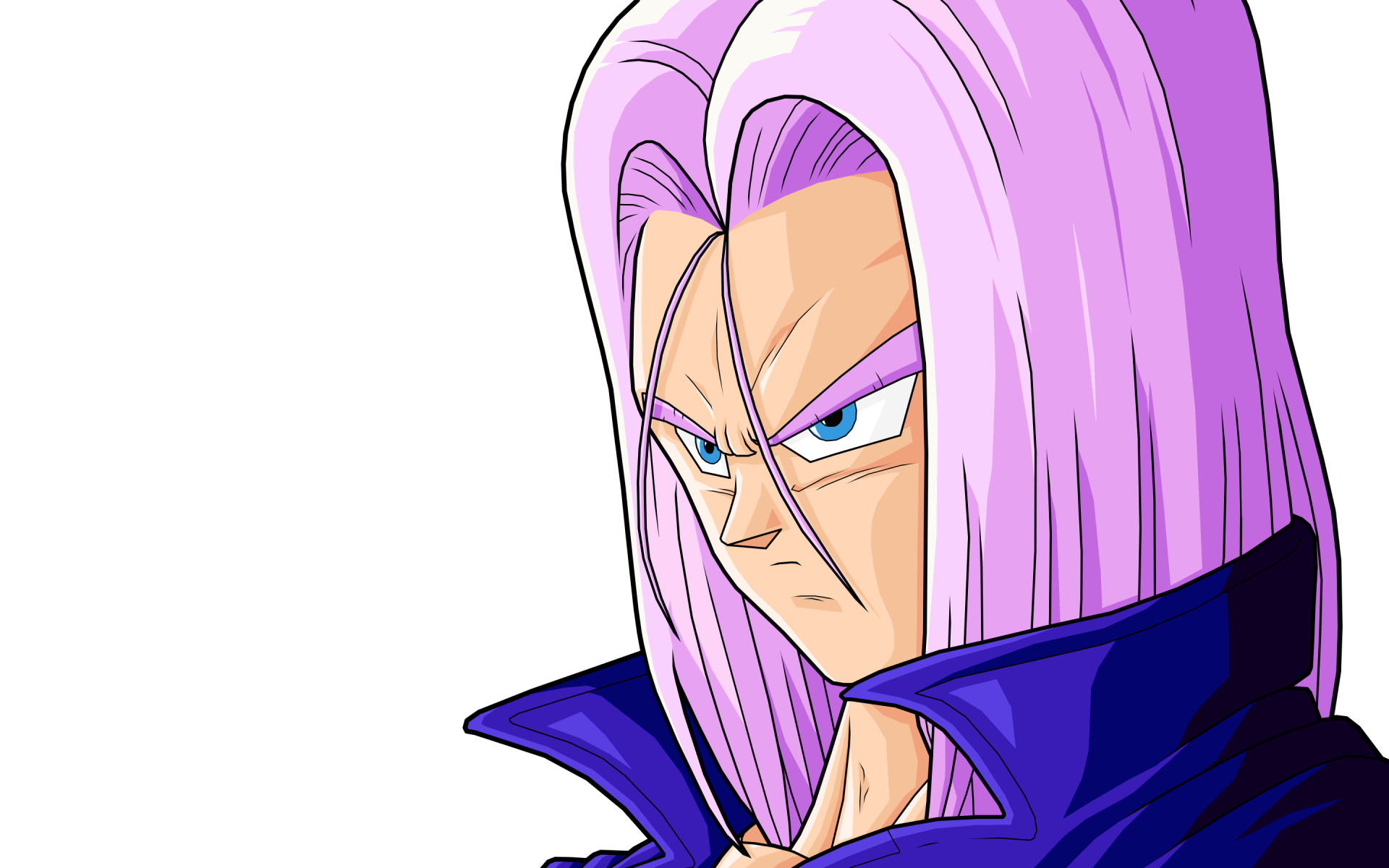 A high-definition desktop wallpaper featuring Trunks from Dragon Ball Z, showcasing his iconic features and determined expression against a clean background.