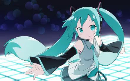 Anime-style Hatsune Miku from Vocaloid with teal twin-tails poses dynamically on a glowing grid, rendered in 8K Ultra HD for a vibrant PC desktop wallpaper.
