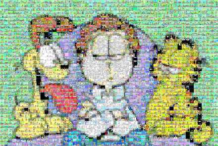 An 8K Ultra HD wallpaper featuring Garfield, Odie, and a character in a colorful, mosaic style. The playful comic scene captures their iconic personalities in vibrant detail.