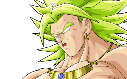 HD desktop wallpaper of Broly from Dragon Ball Z, showcasing his intense expression and vibrant green hair. Classic anime artwork for fans of the Dragon Ball series.