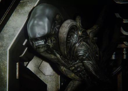 HD PC desktop wallpaper from the video game Alien: Isolation, featuring a close-up of the menacing alien creature in a dark, sci-fi environment.