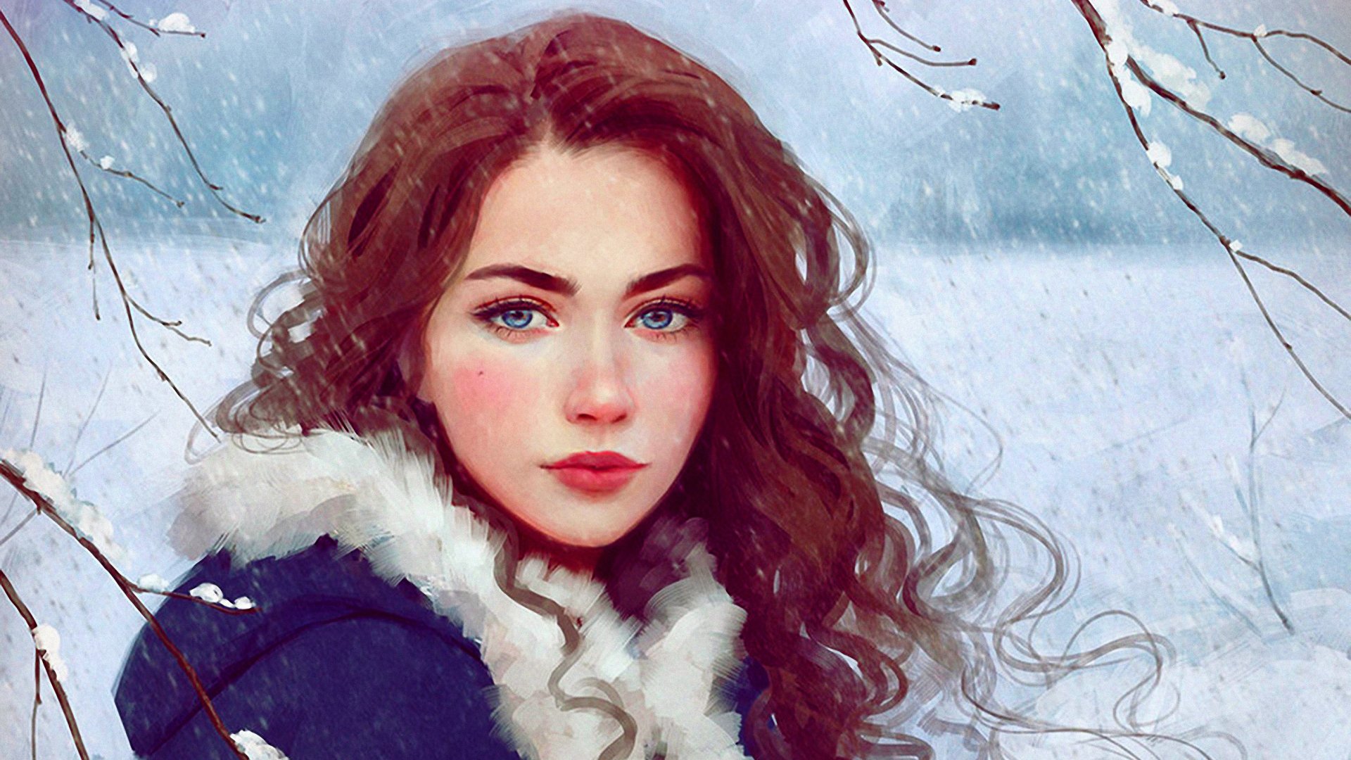 A stunning HD desktop wallpaper featuring an artistic portrayal of a woman with flowing brown hair and striking blue eyes, set against a serene snowy background.